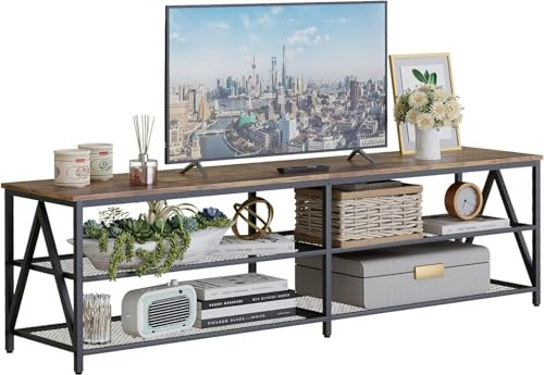 TV-Schrank, Fernsehtisch, Lowboard für Fernseher bis zu 70 Zoll, Fernsehschrank mit 3 offenen Fächern, TV-Regal für Wohnzimmer Schlafzimmer, 180 x 40 x 50 cm, Industrie Design, Stahlgestell, Braun