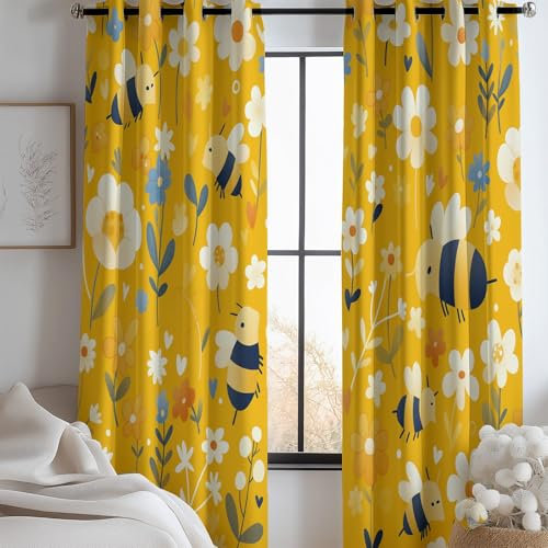 Vorhang Blickdichte Süß Kleine Biene Muster mit Ösen Dekoration für Schlafzimmer Kinderzimmer, Vorhang H 160 x B 70 cm (2er Pack) Bedruckte, Gardinen Gelb Set