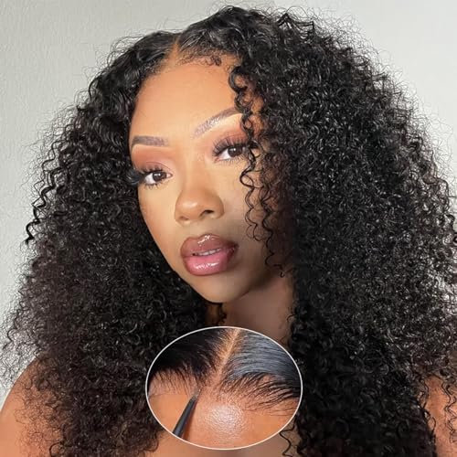 Perruque Cheveux Humain Sans Colle Glueless Wig Human Hair Kinky Curly Afro 4×4 Pre Cut Lace Wear and Go Perruque Femme Naturelle Brésilien Bouclée 180% Density Couleur Naturelle 16 Pouces