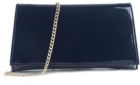 UShopUK Pochette in pelle verniciata tinta unita con patta per matrimoni, serate e feste, blu navy, medium