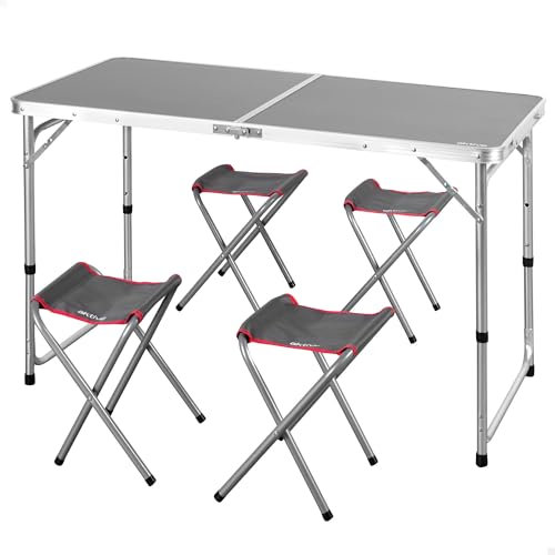 AKTIVE 63161 Mesa Plegable de Aluminio con 4 taburetes de Acero, Altura Regulable 60-70 cm, Superficie 120 x 60 cm, Acabado Gris, diseño portátil con asa para Camping, Playa y jardín