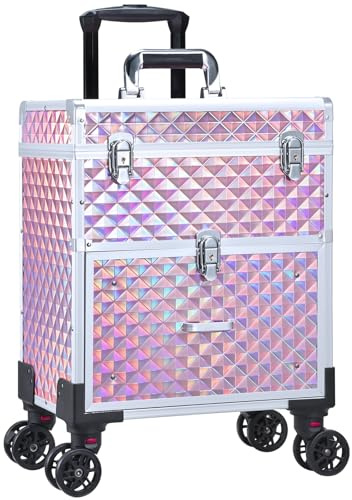 Joligrace Makeup Case Vanity Case Large Beauty Makeup Trolley on Wheels with Drawer Make Up Box Organizer Nail Polish Organizer Storage, Shiny Pink