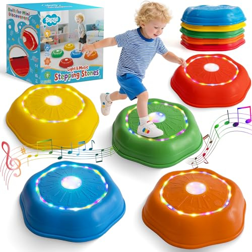 Brezlio Musikische Trittsteine für Kinder – 7 Klavier- und Schlagzeugtöne, blinkende bunte Lichter für Kleinkinder, Balance und sensorische Entwicklung, Indoor/Outdoor-Spielgeräte für Kinder von 3–5