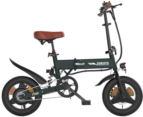 ESKUTE F200 Electric Folding Bike, 14 Electric Commuter Bicycle 36V 7.8Ah Battery, Range 30 Miles, Mini Folding Ebike with Phone Holder & USB Port, Foldable Ebike for Teens/Adults