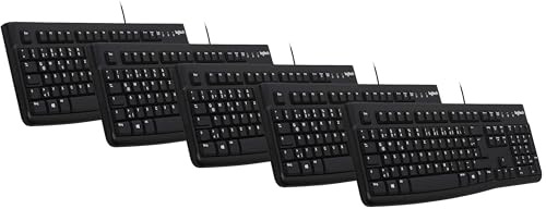 Logitech K120 Kabelgebundene Business Tastatur für Windows und Linux, USB-Anschluss, Leises Tippen, Robust, Spritzwassergeschützt, Tastaturaufsteller, QWERTZ-Layout (Tastatur | 5er Pack)