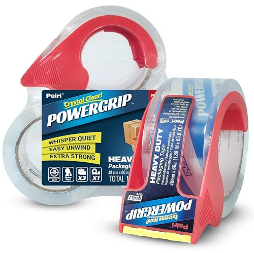Pelri POWERGRIP - Nastro adesivo per pacchetti, trasparente e extra forte, 3 rotoli con rullo (totale 180 m, 60 m x 48 mm), nastro antistrappo per spedizione, imballaggi e trasloco