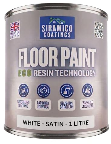SIRAMICO COATINGS Floor Paint | 1 Litre | Satin | Water-Based Quick-Dry Formula - Non-Toxic, No-VOC, Durable Coating for Concrete, Brick, Stone & Wood Floors (White)