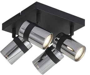 Qazqa Verstellbarer Deckenstrahler, Deckenspot - Gianni - Schwarz mit Rauchglas, max. 10W, Geeignet für LED, 24cm, Quadratisch, 4-flammig, Ideal als Küche lampe und Wohnzimmerlampe
