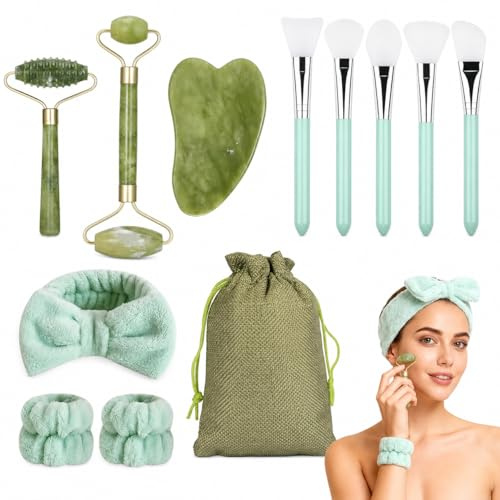CZAYEFNH 12-teiliges Gua Sha Set mit Jade Roller und Massagewerkzeugen, inklusive Gesichtsbürsten, Stirnband und Tragebeutel, für luxuriöse Hautpflege und Entspannung