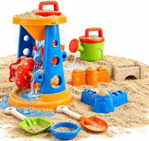 TK Gruppe Timo Klingler Lot de 9 jouets pour bac à sable - Avec diverses formes, tamis, râteaux, pelle pour bac à sable et moules à sable pour garçons et filles (9 pièces avec moulin)