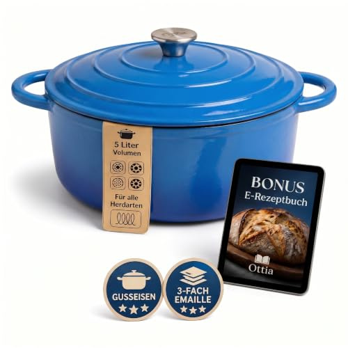 Ottia Gusseisen Topf [inkl. eBook] – Emaille Topf 26cm - Dutch Oven, Brotbackform, Brotbacktopf, Schmortopf Bräter mit Deckel, Bratentopf - auch für Induktion | Händler aus HH, Blau