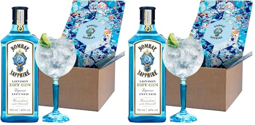 Bombay Sapphire Cocktail Gin Set in confezione regalo, Vol. 40%, 70 cl / 700 ml e bicchiere Balloon da gin, include Bombay Sapphire Premium Distilled London Dry Gin (Confezione da 2)