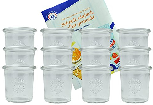 MamboCat 12er Set Weckgläser Sturzglas 140 ml I Original Weck Sturzglas Dessertglas I Einweckgläser für Kuchen Gelees UVM I Sturzgläser ohne Deckel inkl. Diamant-Zucker Gelierzauber Rezeptheft