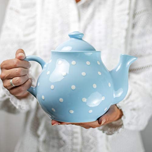 City to Cottage® - Teekanne für 4-6 Tassen | Hellblau und Weiß | Polka Dots | Handgemacht | Teekanne Keramik Geschirr | 1,7 Liter