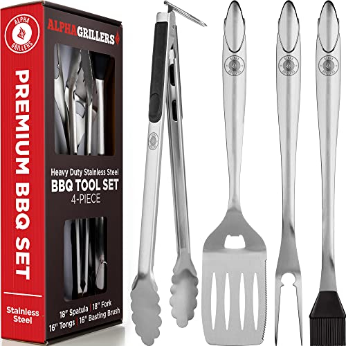 Alpha Grillers Grillzubehör - Grillgeschenke für Männer - BBQ Zubehör Grillwerkzeuge Set mit Spatel, Gabel, Bürste & Zange - Outdoor Grillutensilien Geschenke für Männer Papa Ihn Freund