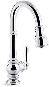 KOHLER Artifacts Single-Hole Kitchen Sink Faucet with 16 Pull-Down spout and Turned Lever Handle, DockNetik Magnetic Docking System, and 3-Function sprayhead Featuring Sweep and BerrySoft Spray