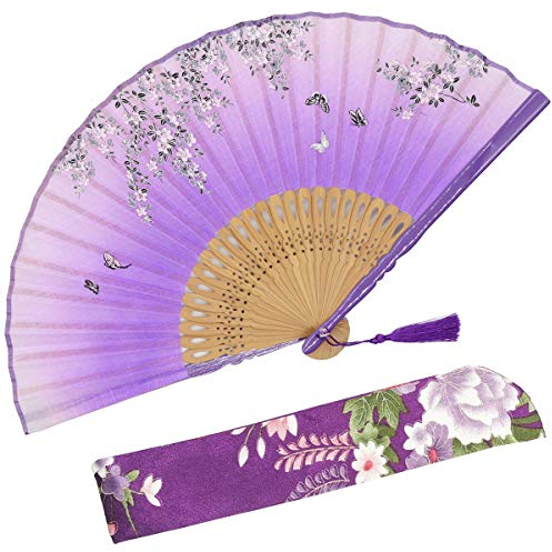 OMyTea Sakura Love Folding Hand Held Fan for Women - With a Fabric Sleeve for Protection - Chinese/Japanese Vintage Retro Style for Wedding, Dancing, Church, Party, Gifts (Purple)