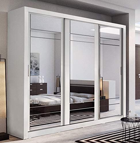Arthauss Modern Bedroom Mirrored Sliding Door Wardrobe ARTI 2 in White Matt 250cm - Flat Pack Mirrored Wardrobe with Hanging Rails and Spacious Drawers - Ideal for Compact Spaces