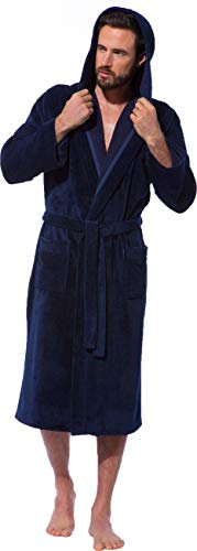 Morgenstern Bademantel mit Kapuze für Herren in Blau Herrenbademantel Hausmantel Männer Baumwolle Microfaser Viskose leicht Größe L Marc