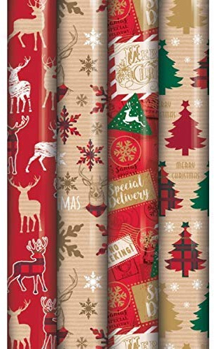 Eurowrap 4 x 8M Rolls of Wrap Wrapping Paper Traditional Tartan Reindeer