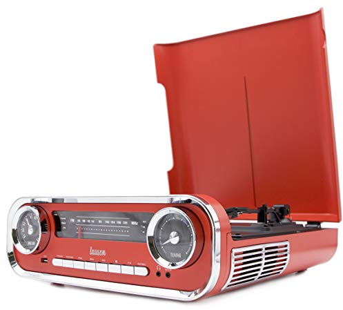 Giradischi Designer Auto d'epoca 2 altoparlanti stereo da 3W integrati lettore lp con radio FM, funzione Bluetooth, USB, AUX | 3 velocità (33, 45, 78) Lauson 01TT17 (Rosso)