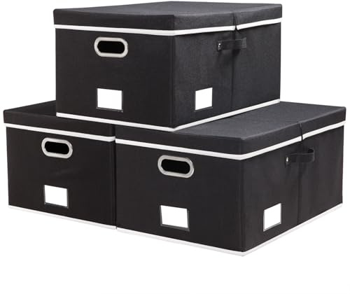 PRANDOM Aufbewahrungsbox mit Deckel Groß,Schwarz[3-stück] 58x40x30cm | Faltbare,Stapelbar,Stoffbox,Mit Griff,Dekorative Würfel,Mit Etikettentasche,Ordnung und Aufbewahrung,Schlafzimme,Schrank