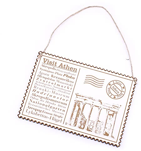 Schild Briefmarke Holzschild mit Spruch Graviert - I love Athen | Visit Athen - Postkarte Deko 20x13cm | Dekolando Home Accessoires