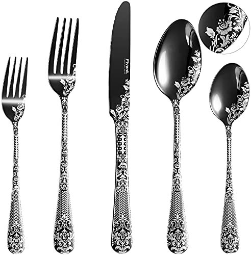 Fivent Floral Damast Rose Black Besteck-Set – 20-teilig – inklusive 8 x Löffel, 8 x Gabeln, 4 x Messer – Edelstahl, spülmaschinenfest, hochglanzpoliertes Geschirr – langlebiges Besteck – Küche Zuhause