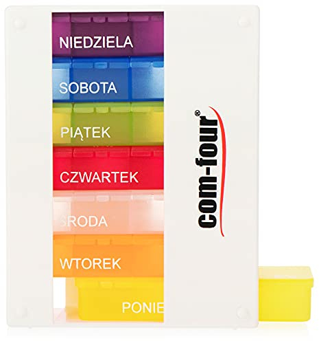 COM-FOUR® Tablettenbox 7 Tage mit polnischer Beschriftung (Poniedzialek - Niedziela) - Medikamentenbox 4 Fächer (rano, poludnie, wieczór, noc) - Tabletten Wochenbox [POLNISCH] (weiß - 7x4)