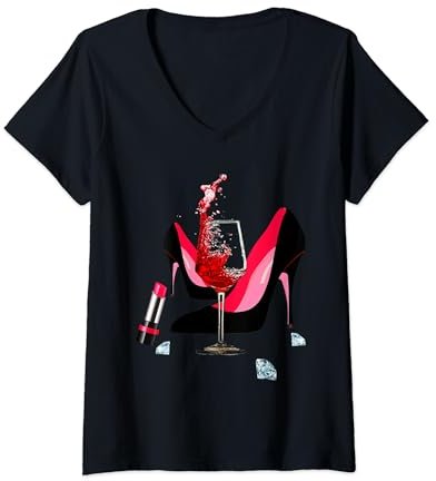 Femme Chaussures à talons hauts, rouge à lèvres, verre à vin rouge et diamants T-Shirt avec Col en V