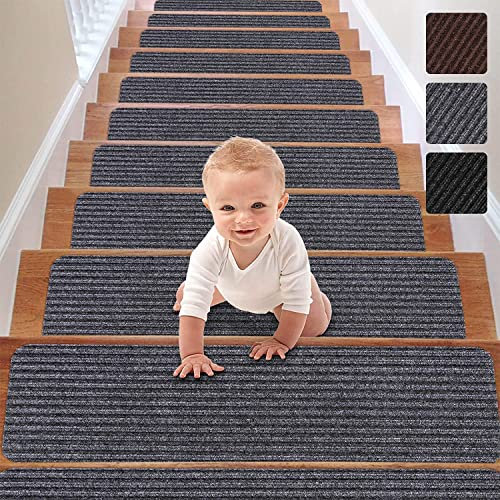 15 Stück Stufenmatten Teppich Rutschfeste Stufenteppich Für Holzstufen Indoor 76 X 21 Cm Abnehmbare Waschbare Teppichstufe Spezialisiert Für Hunde Kinder Ältere (15 Stück Rutschfeste,Grau)