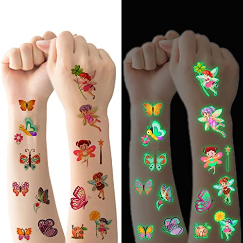 Tattoo Kinder, 10 Blätter Leuchtendes Schmetterling und Blumenfee Temporäre Tattoos Set, Leuchten im Dunkeln Wasserdichte Hautfreundliche Kindertattoos, Geburtstagsparty Kindergeburtstag Mitgebsel