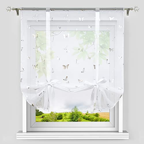 Heichkell Raffrollo mit Tunnelzug Voile Raffgardine Modern Kleinfenster Küchengardine Glänzende Schmetterling-Dekomuster Silber BxH 80x140 cm