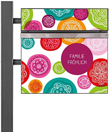 banjado® Standbriefkasten Anthrazit mit Namensschild Naive Blüten & Zeitungsfach/Briefkasten mit Standfuß in Anthrazit/Postkasten A4 Einwurf inkl. Montagematerial & 2 Schlüsseln