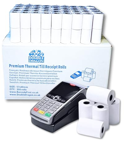 Double Dragon, 57 x 40 mm Premium Thermopapier Kassenrollen für PDQ Kreditkartenmaschine, POS, EPOS, Kassensystem [Packung mit 200]