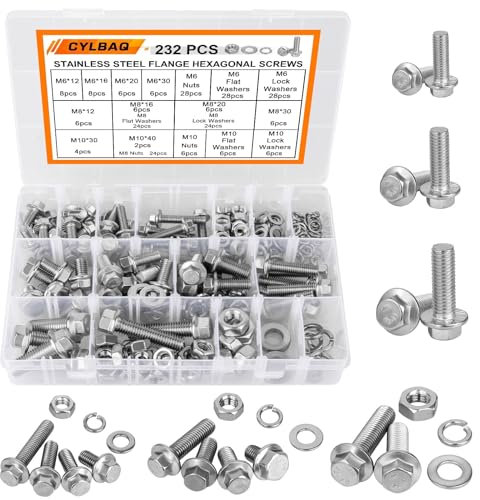 CYLBAQ 232PCS Flanged Hex Bolts M6 M8 M10 Kit, 304 Stainless Steel, M6-1.0 M8-1.25 M10-1.5 Nuts and Bolts Assortment with Storage Case