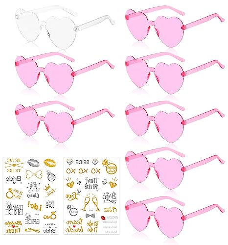 Bride Herz Brille, 8 Stück Partybrille Herz Sonnenbrille, Bride to Be Herz Brille Set, Braut Sonnenbrillen Team Braut Herz Brillen Transparent, JGA Partybrillen mit 2 Team Bride Tattoo Aufkleber (B)