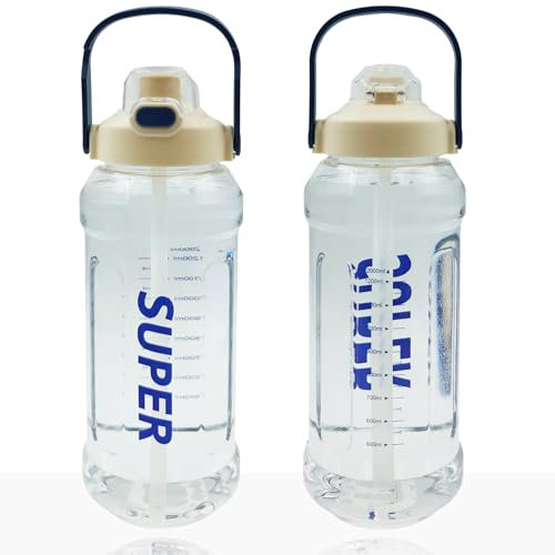 Bouteille de sport 2L, Bouteille d'eau portable avec poignée et paille, Bouteille étanche pour le gymnase, le camping, la randonnée et le cyclisme, Bouteille d'eau en Tritan sans BPA (2000ml Yellow)