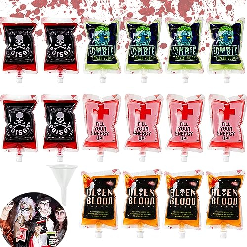 Seasboes Vaso de Halloween para sangre, 16 bolsas de sangre, bolsas de bebidas, bolsas de sangre para bebidas, accesorios de cosplay con jeringa, pegatinas para Halloween, cosplay, fiesta zombi
