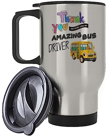 Getagift School Bus Driver Gift, Thank You for Being Such an Amazing Bus Driver, Appreciation Gift, Silver, White Insulated 14oz Travel Mug, Tea, Coffee Mug. (Silver)
