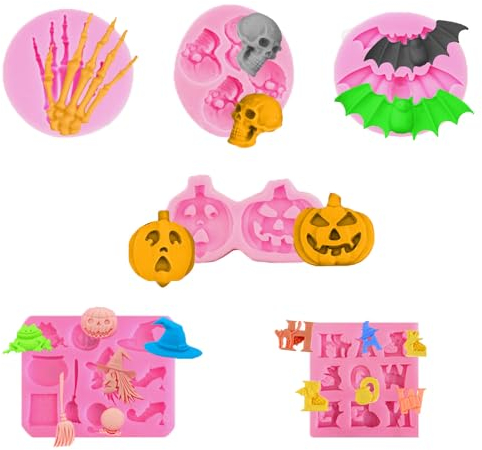 ZIOYA 6 piezas de Molde de pastel de silicona de Halloween Silicona Con Forma de Fantasma de Calavera Con Cara de Calabaza de Murciélago para Jabón Chocolate Pastel Pan Galletas Molde DIY
