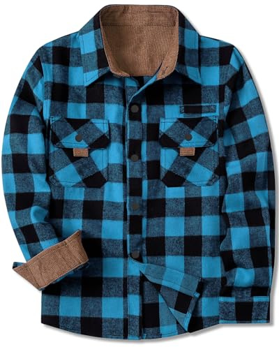 SANGTREE Boys and Mens Flannel Shirts Long Sleeve Button Down Plaid Shirts, Shacket-sky Blue Black, XL