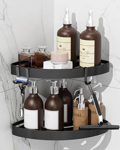 KeZaara Estanteria Baño sin Taladro Negro, Estante Ducha Esquina, Accesorios Ducha con 4 Ganchos, con Pegatinas, Aluminio, 2 Piezas (Negro)