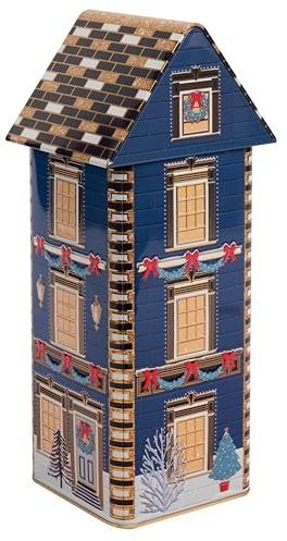 POWERHAUS24 Blechdose New York Christmas House, Weihnachtsdeko oder Aufbewahrung für Plätzchen & Lebkuchen, lebensmittelecht, 9,5 cm x 9,5 cm x 27,5 cm, Weihnachts-Edition mit 2 Rezepten
