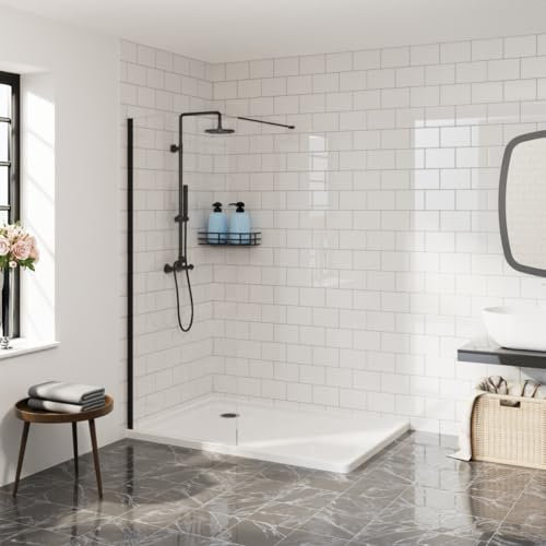 Aquariss 700mm Walkin Shower Enclosure 8mm Easy Clean Glass Shower Screen Panel with Stainless Steel Support Bar - Matte Black Frame