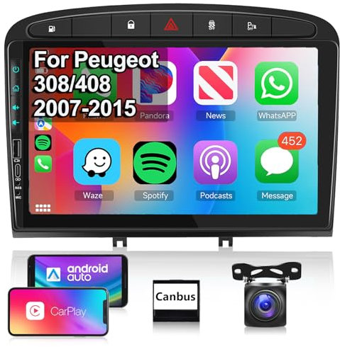 【2+64G】 Hodozzy Carplay/Android Auto Autoradio für Peugeot 408/308/308 SW 2008-2015 mit Navi,9 Zoll Touchscreen mit Mirror Link/WiFi/GPS/RDS/FM/Bluetooth/USB+Rückfahrkamera+Mikrofon