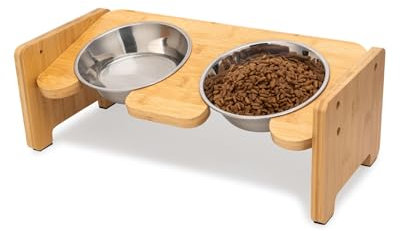 Toozey Elevated Cat Bowl, 15 Tilted Adjustable Raised Stand with Non-Slip Feet and 16oz Double Dish for Water and Food, Widen Stainless Steel Bowls(Non-Whisker Fatigue) for Cats and Puppy