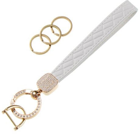 wagtune Leder-Schlüsselanhänger, Auto-Schlüsselanhänger mit 3 Schlüsselringen, Handgelenkband mit Anti-Verlust-D-Ring für Männer und Frauen, Goldweiß, Medium