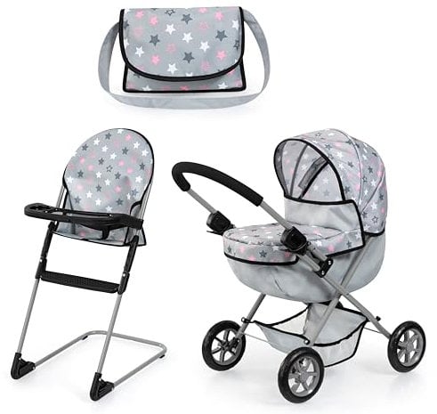 Bayer Design 13707AB Dolls pram, doll stroller, carriage pram, foldable, with highchair, bag