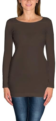 Alkato Damen Langarm Longshirt Langarmshirt Tunika Basic Shirt, Farbe: Braun, Größe: S